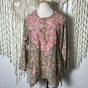 Dolma Silk Embroidered Long Sleeve Floral Blouse Size XL